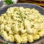 Close up of Easy Vegan Creamy Garlic Parmesan Gnocchi