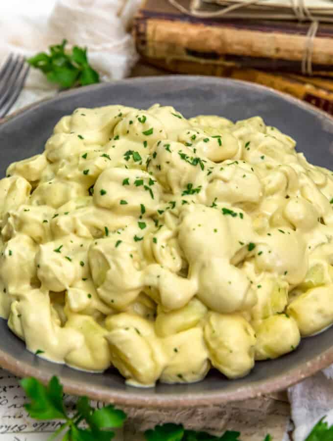 Close up of Easy Vegan Creamy Garlic Parmesan Gnocchi