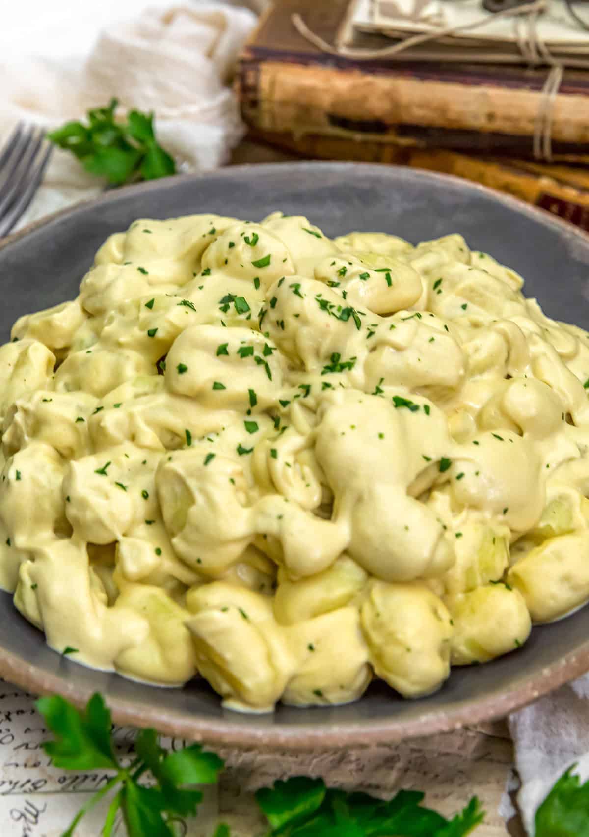 Close up of Easy Vegan Creamy Garlic Parmesan Gnocchi