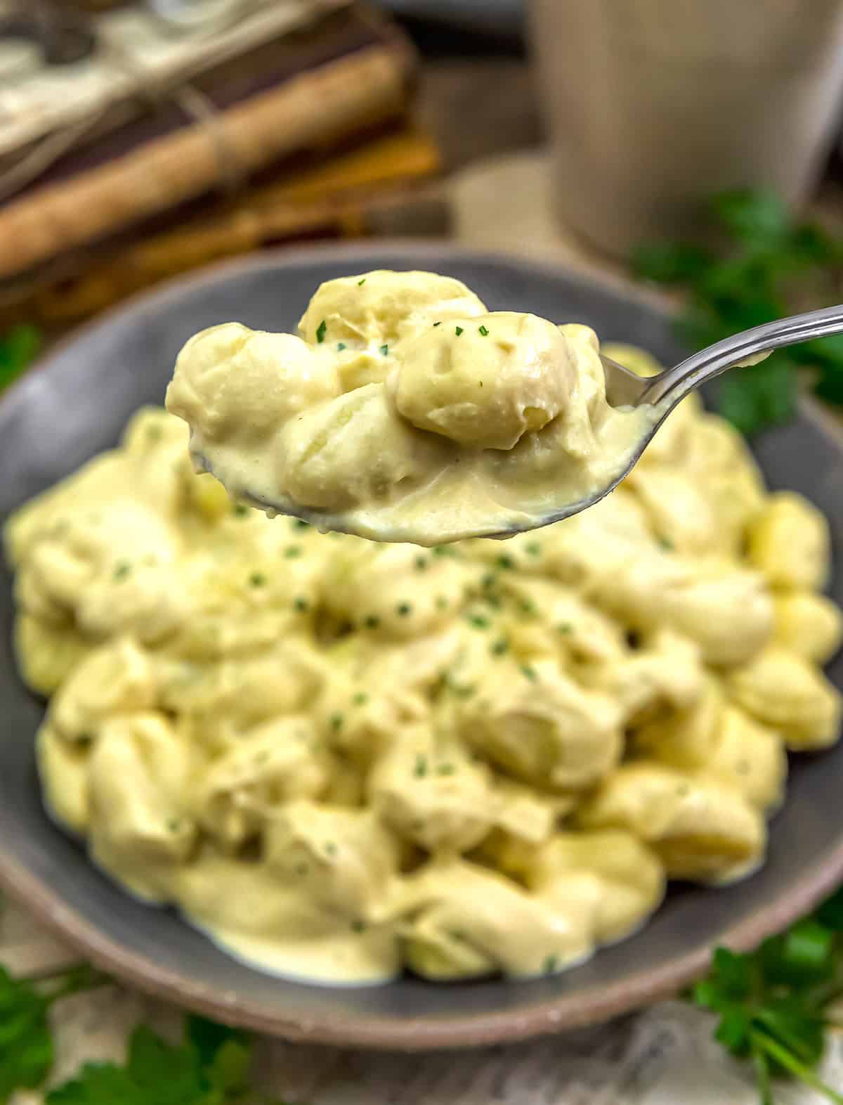 Spoonful of Easy Vegan Creamy Garlic Parmesan Gnocchi