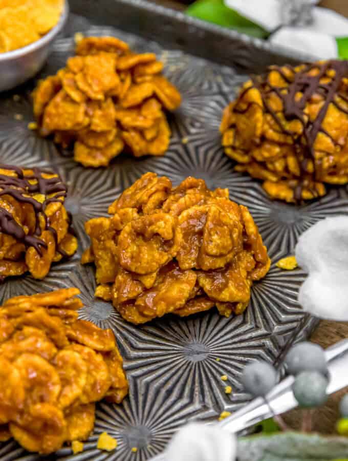 Healthy No Bake Peanut Butter Cornflake Cookies on a tray