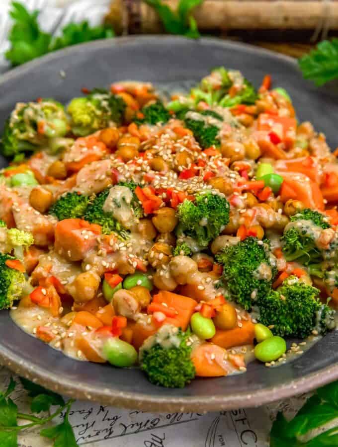 Close up of Roasted Veggie Bowl with Sesame Miso Dressing