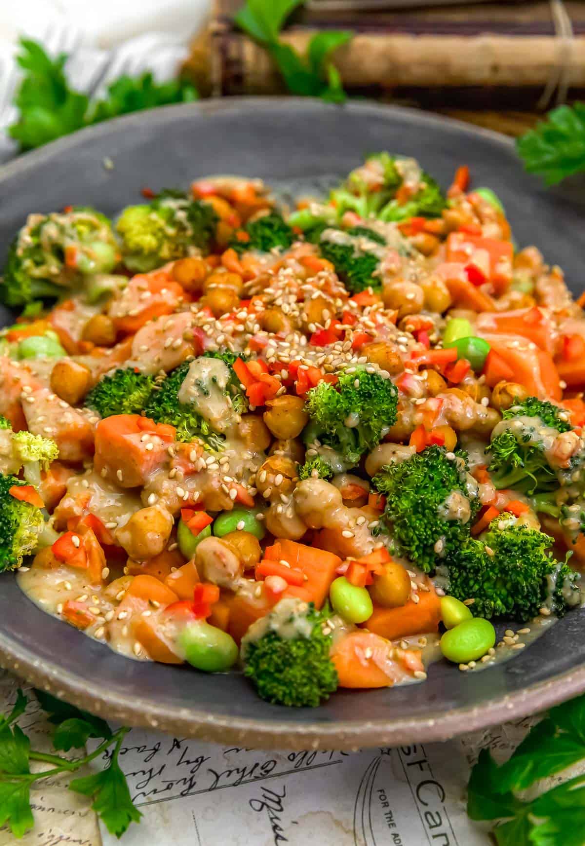 Close up of Roasted Veggie Bowl with Sesame Miso Dressing