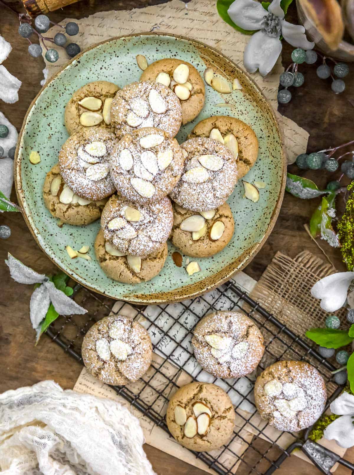 Plate and rack of Vegan Almond Cookies