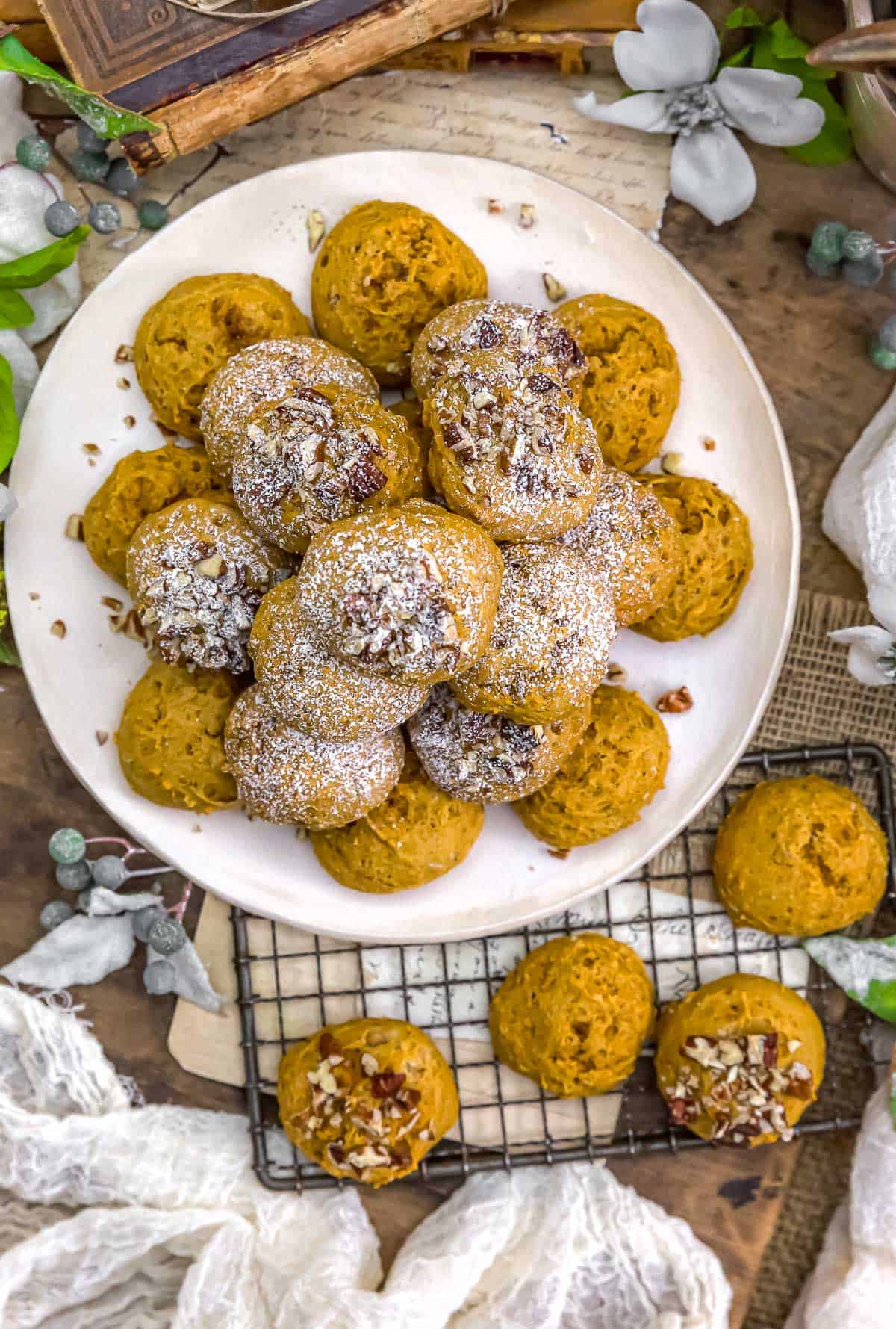 Plate and rack of Vegan Pumpkin Cake Drop Cookies