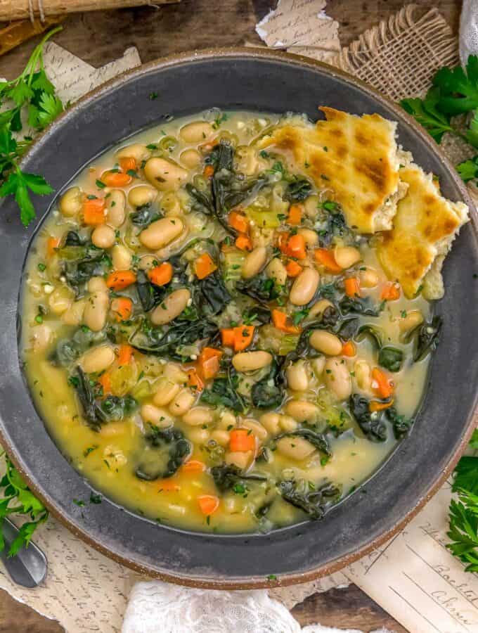 Bowl of Low-Fat White Bean Rosemary Soup with Kale