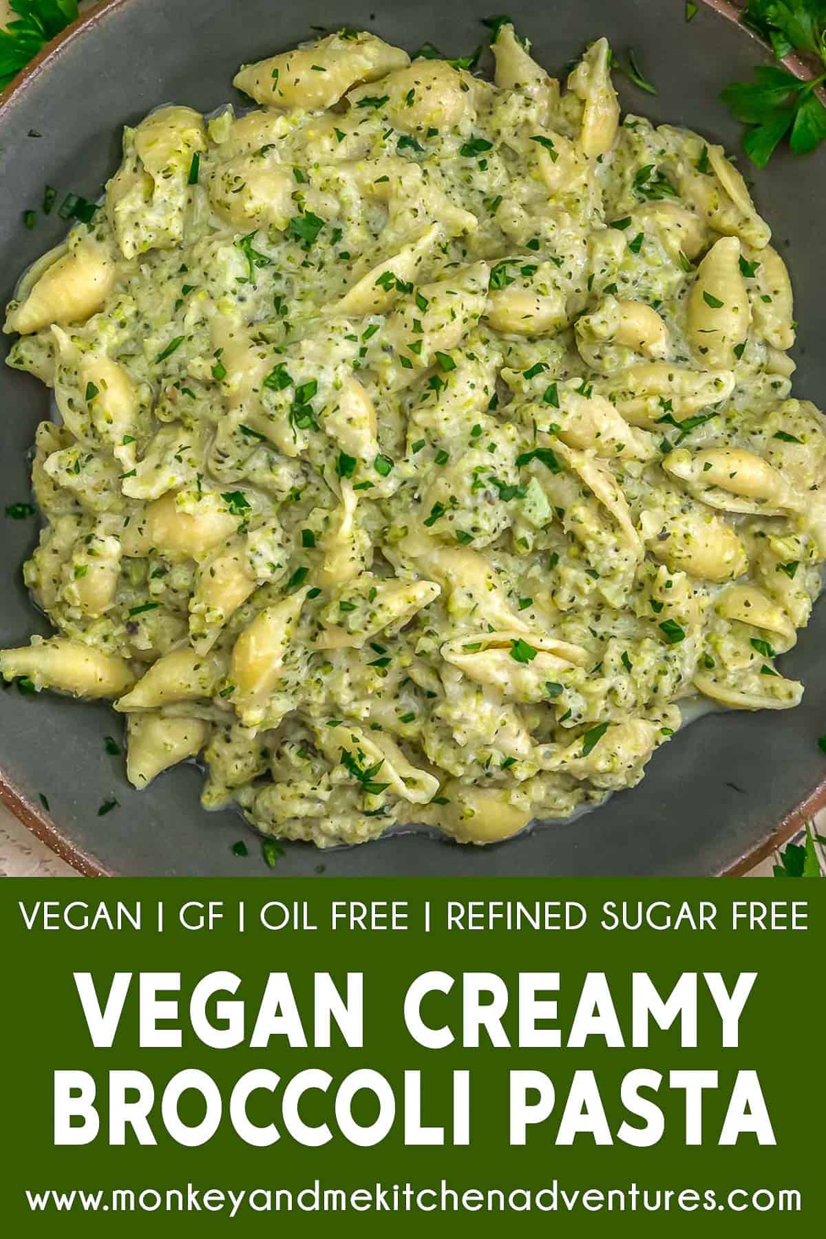 Vegan Creamy Broccoli Pasta Skillet with text description