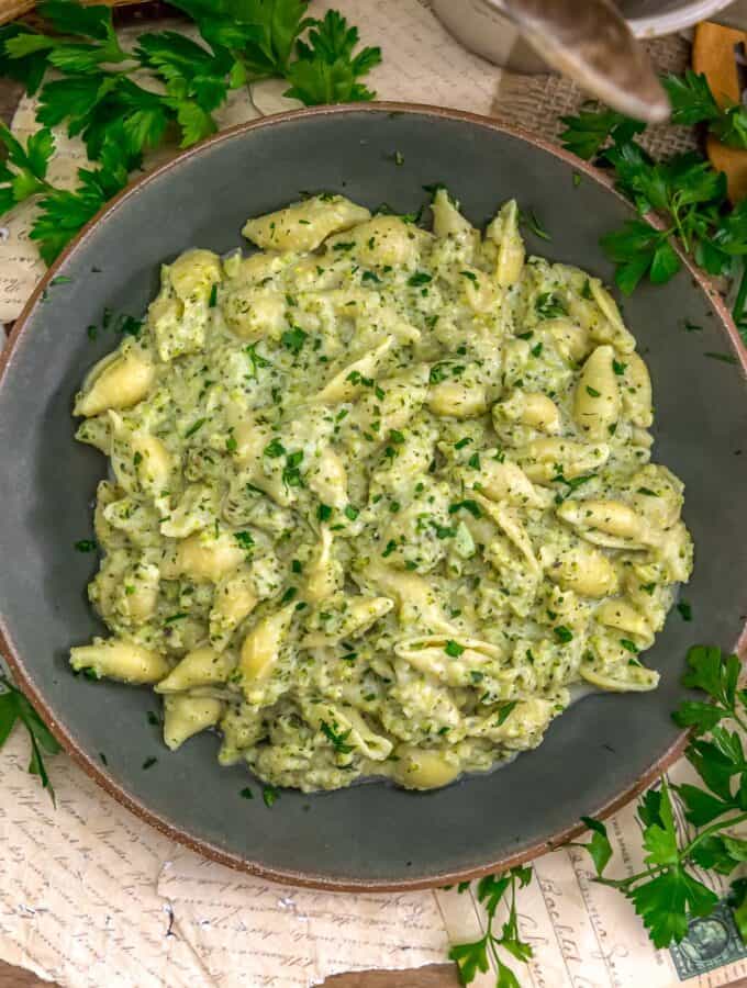 Bowl of Vegan Creamy Broccoli Pasta Skillet