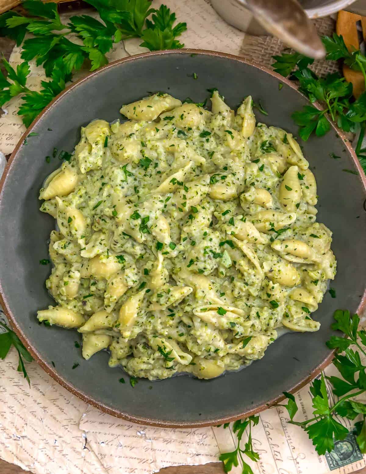 Bowl of Vegan Creamy Broccoli Pasta Skillet