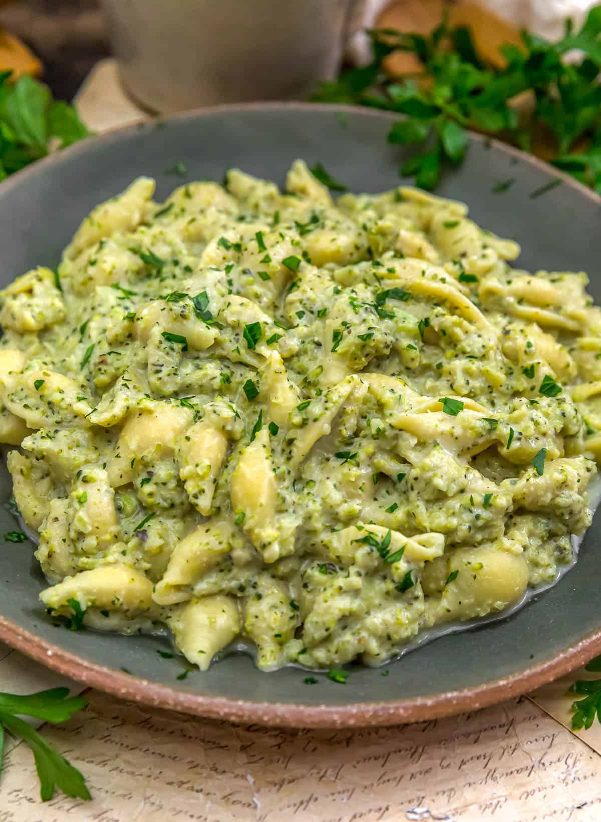 Close up of Vegan Creamy Broccoli Pasta Skillet