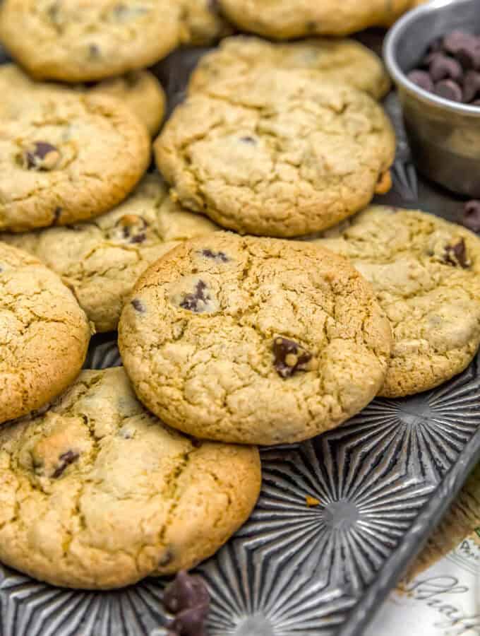 Close up of Vegan Healthy Classic Chewy Chocolate Chip Cookies