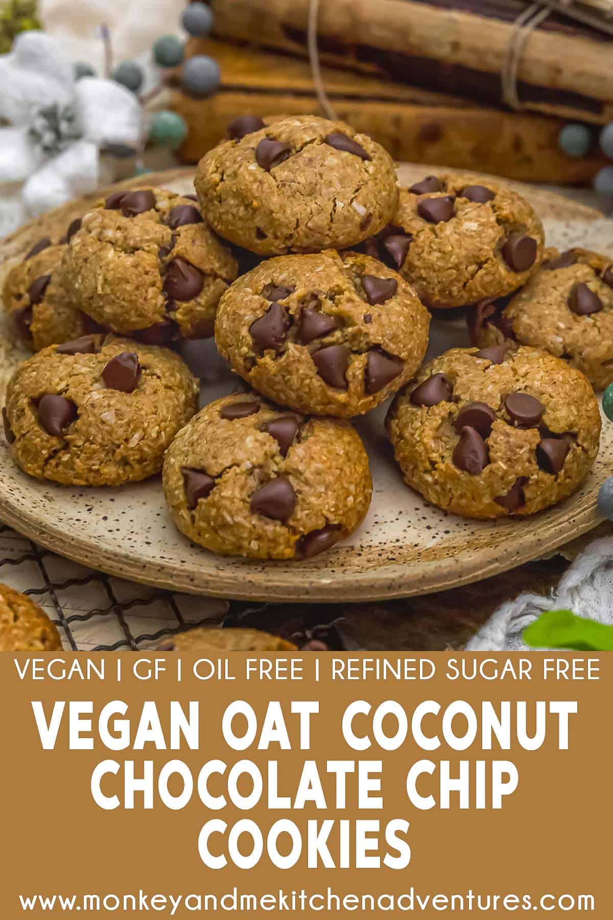 Vegan Oat Coconut Chocolate Chip Cookies with text description