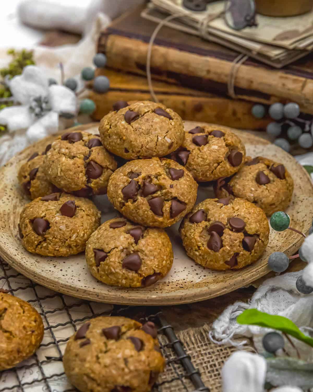 Pile of Vegan Oat Coconut Chocolate Chip Cookies