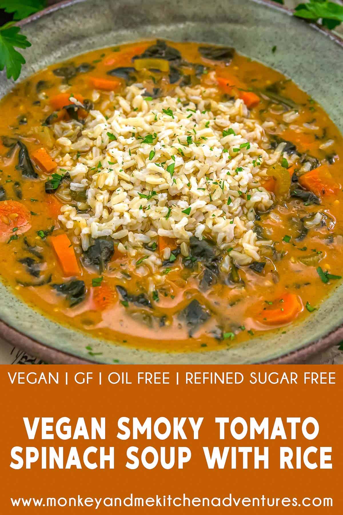 Vegan Smoky Tomato Spinach Soup with Rice with text description