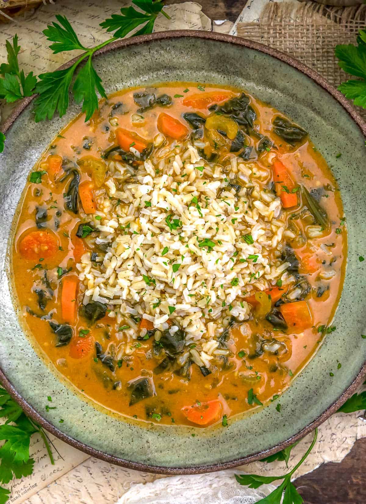 Bowl of Vegan Smoky Tomato Spinach Soup with Rice