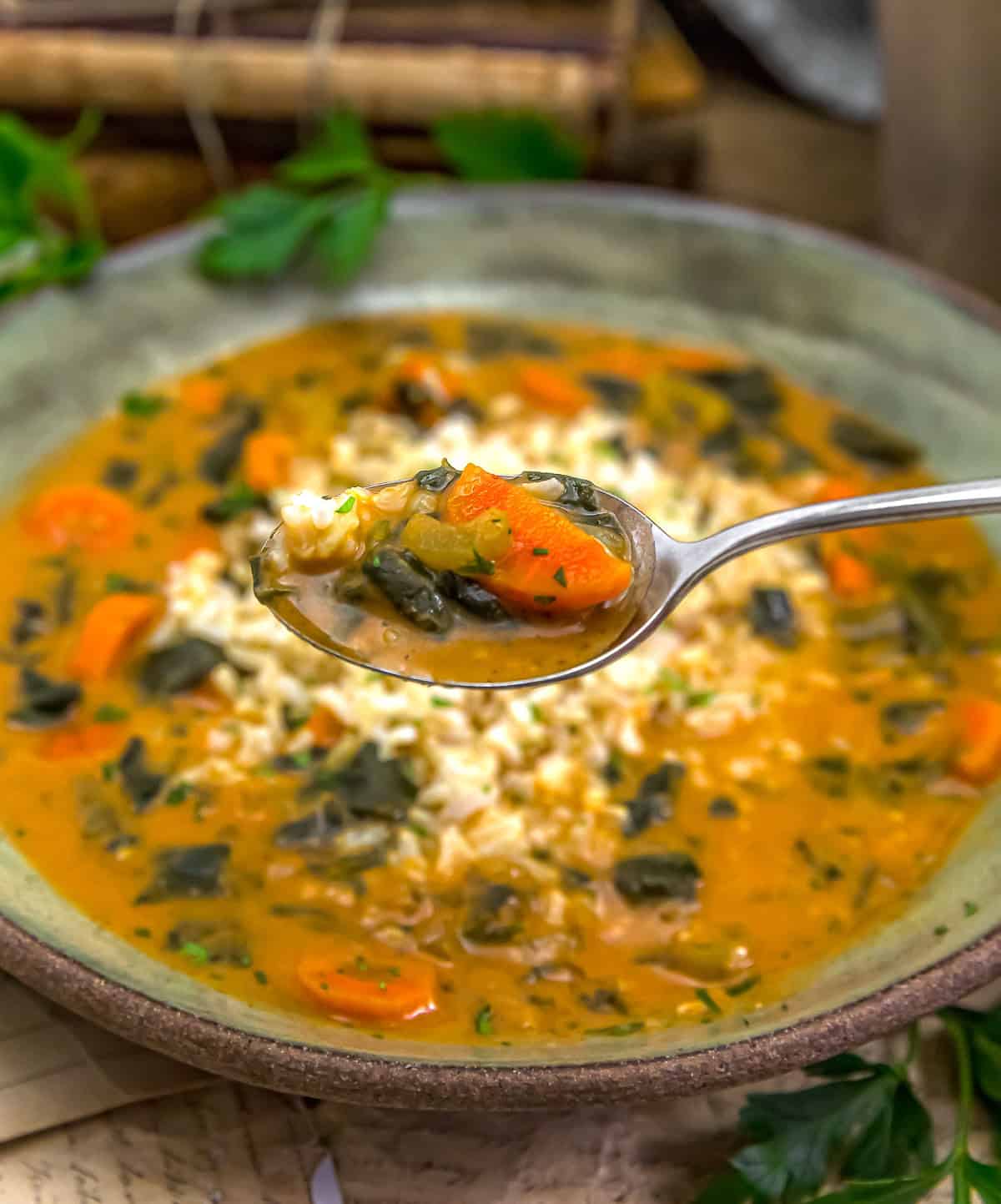 Spoonful of Vegan Smoky Tomato Spinach Soup with Rice