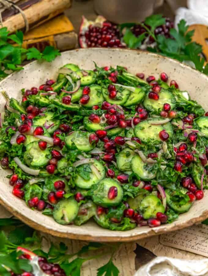 Close up of Cucumber Kale Pomegranate Salad with Mint