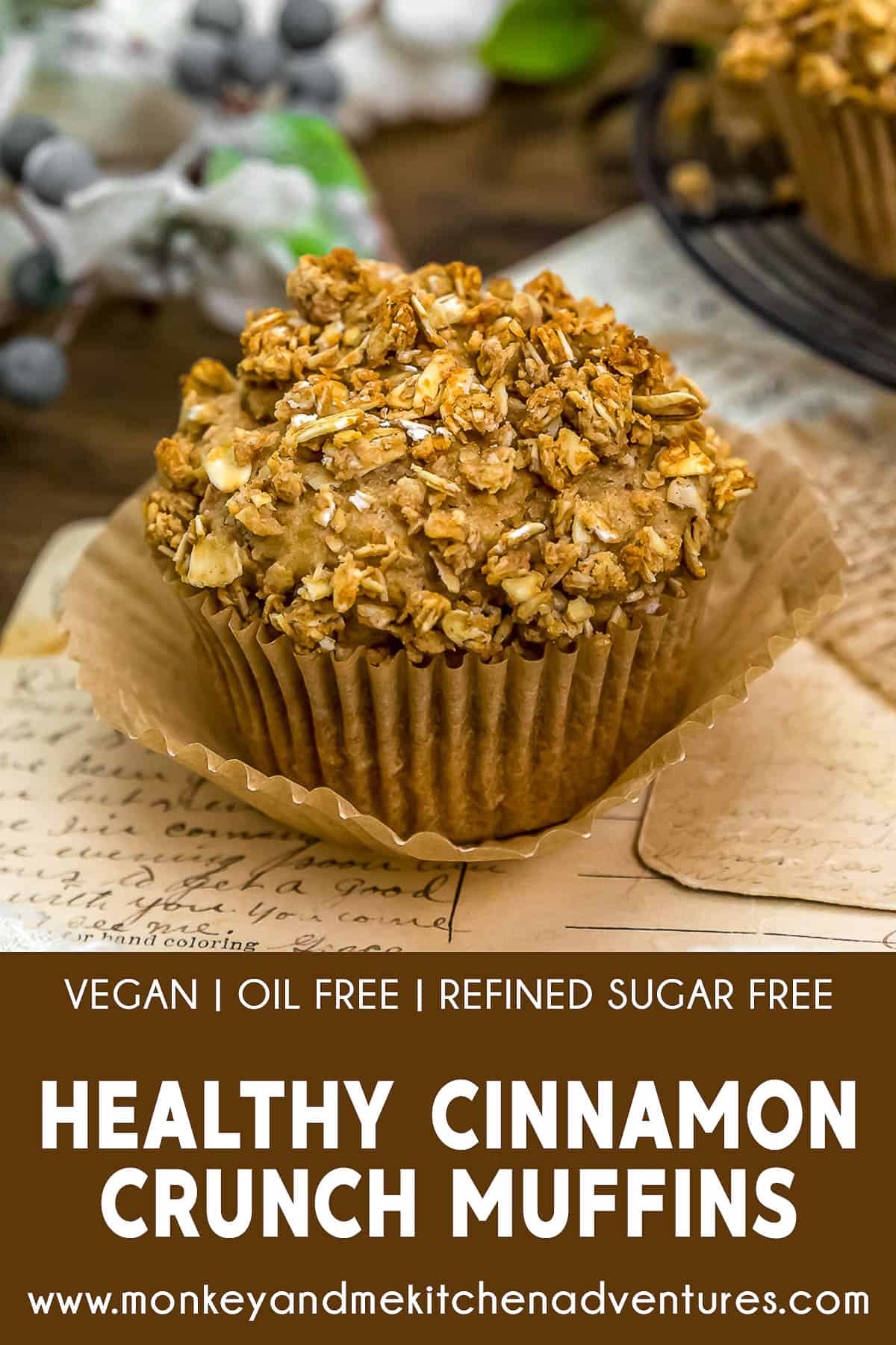 Healthy Cinnamon Crunch Muffins with text description