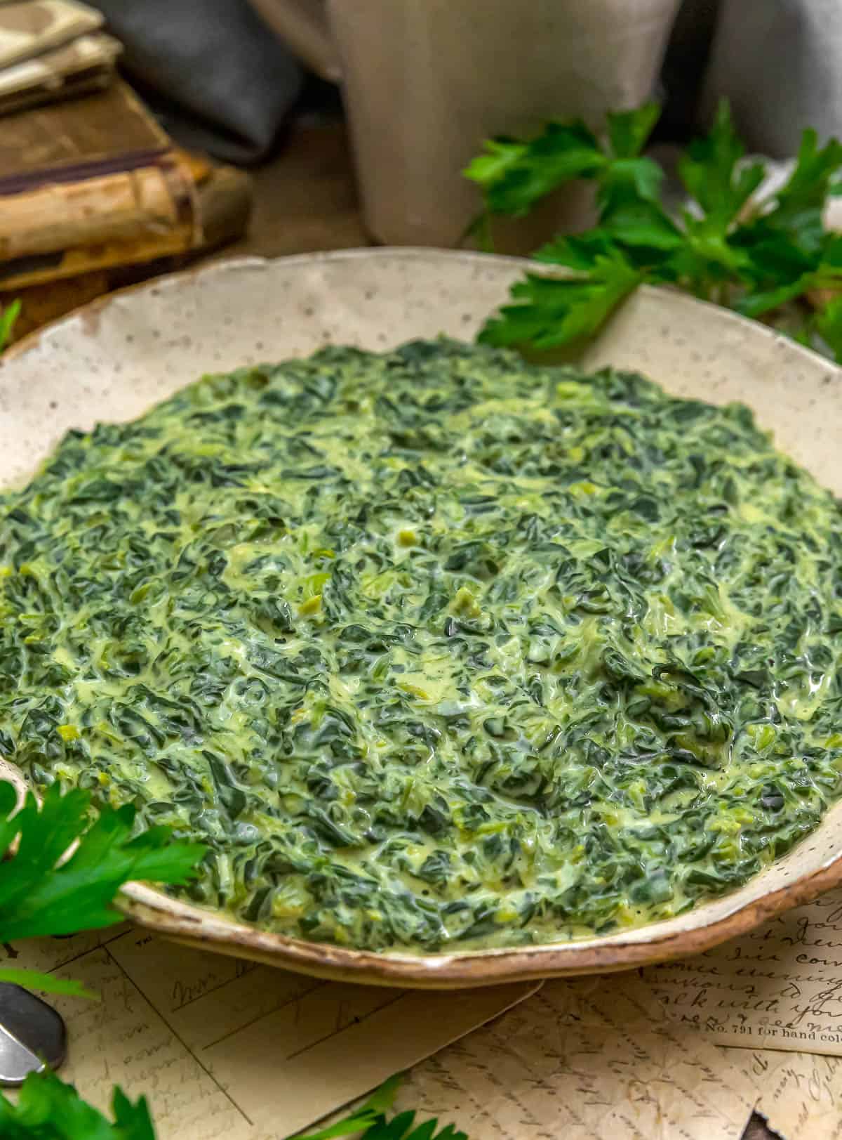 Close up of Healthy Vegan Creamed Spinach