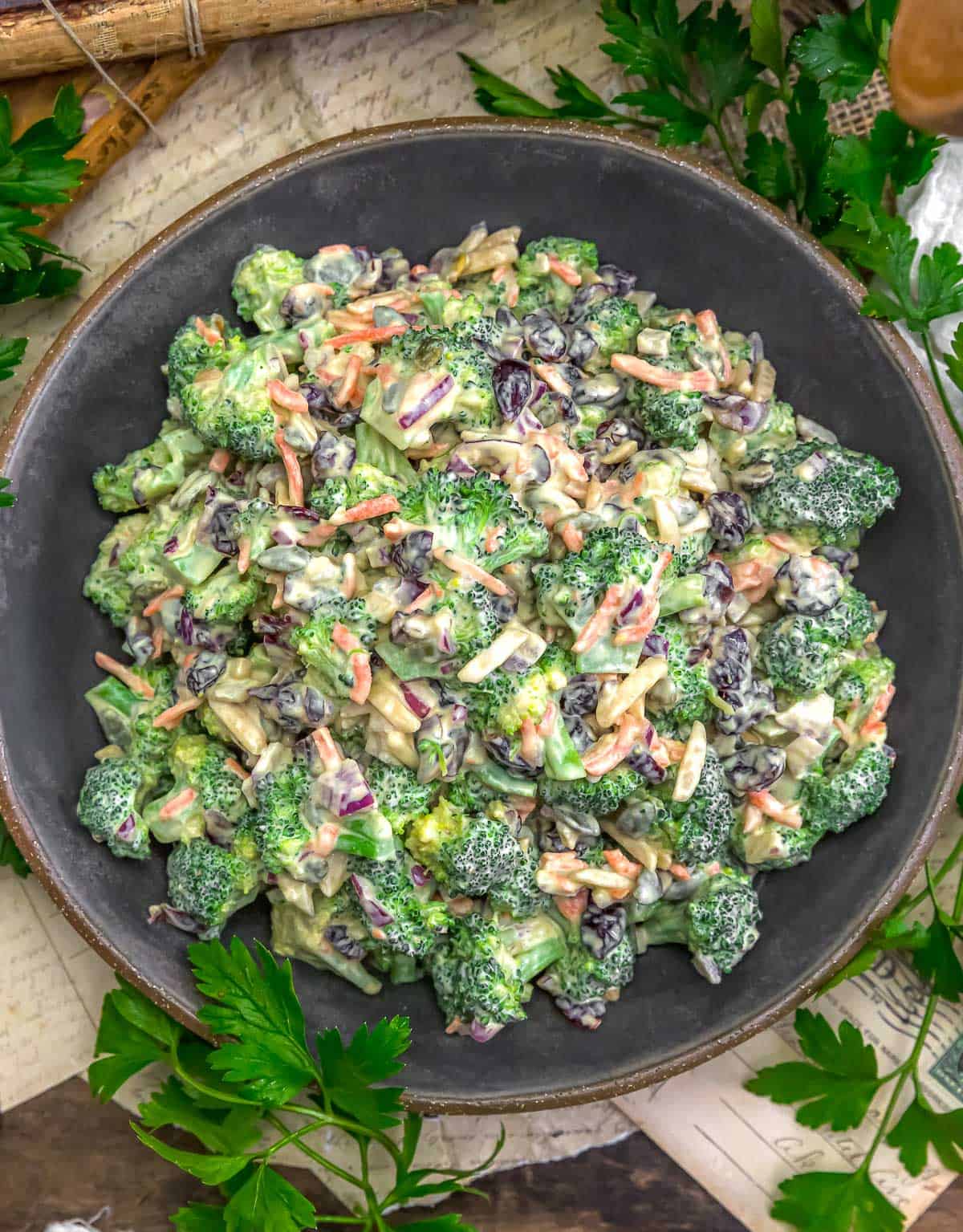 Bowl of Vegan Creamy Broccoli Cranberry Salad