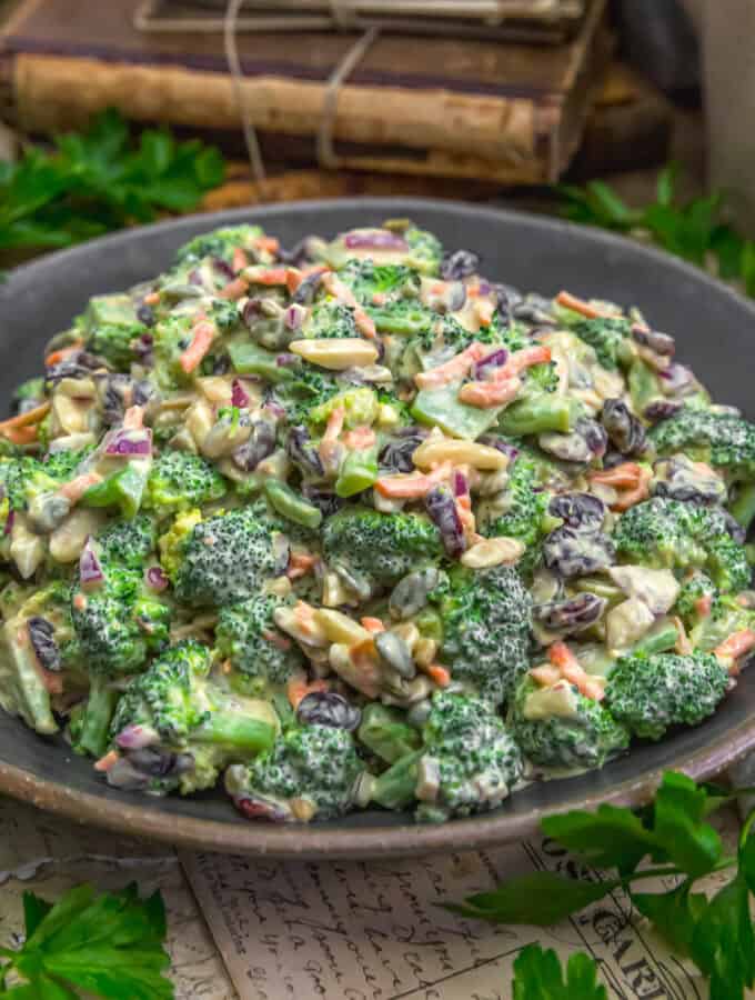 Close up of Vegan Creamy Broccoli Cranberry Salad