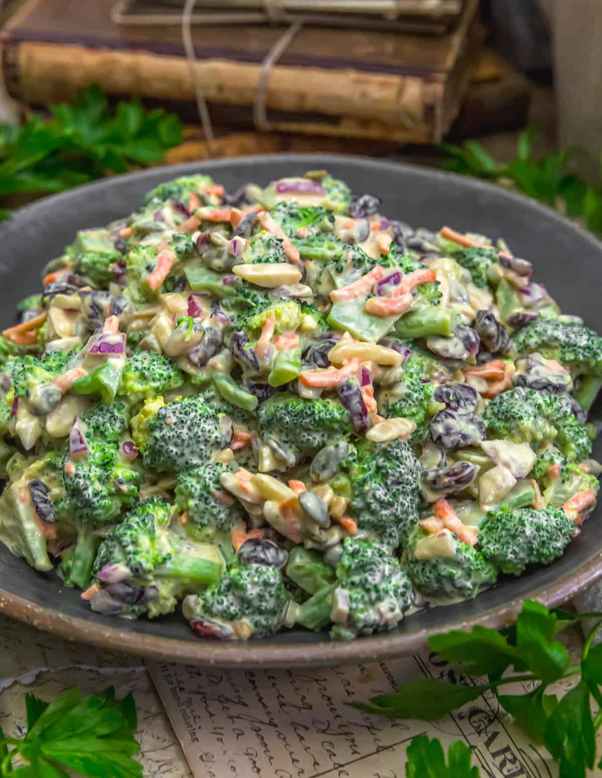 Close up of Vegan Creamy Broccoli Cranberry Salad