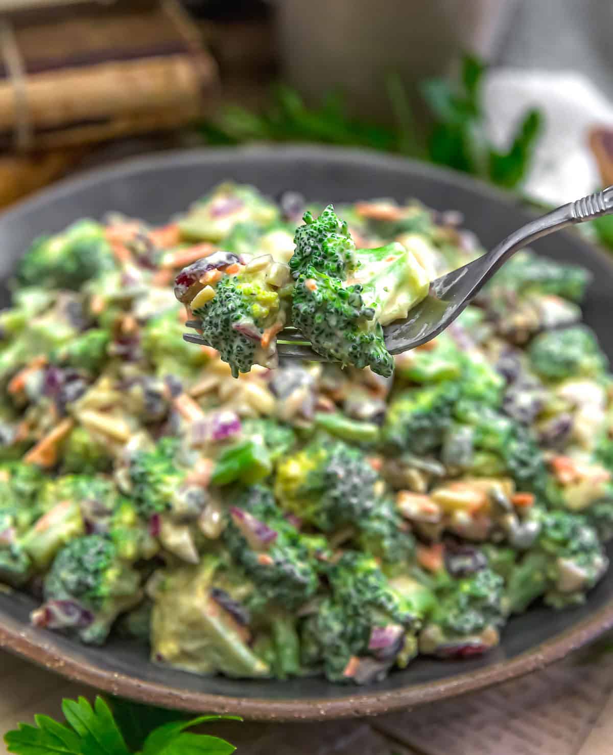 Forkful of Vegan Creamy Broccoli Cranberry Salad