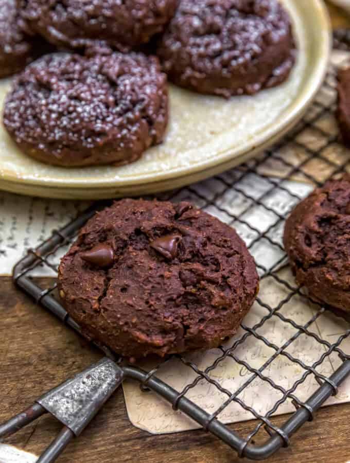 Vegan Double Chocolate Cake Cookies on a rack