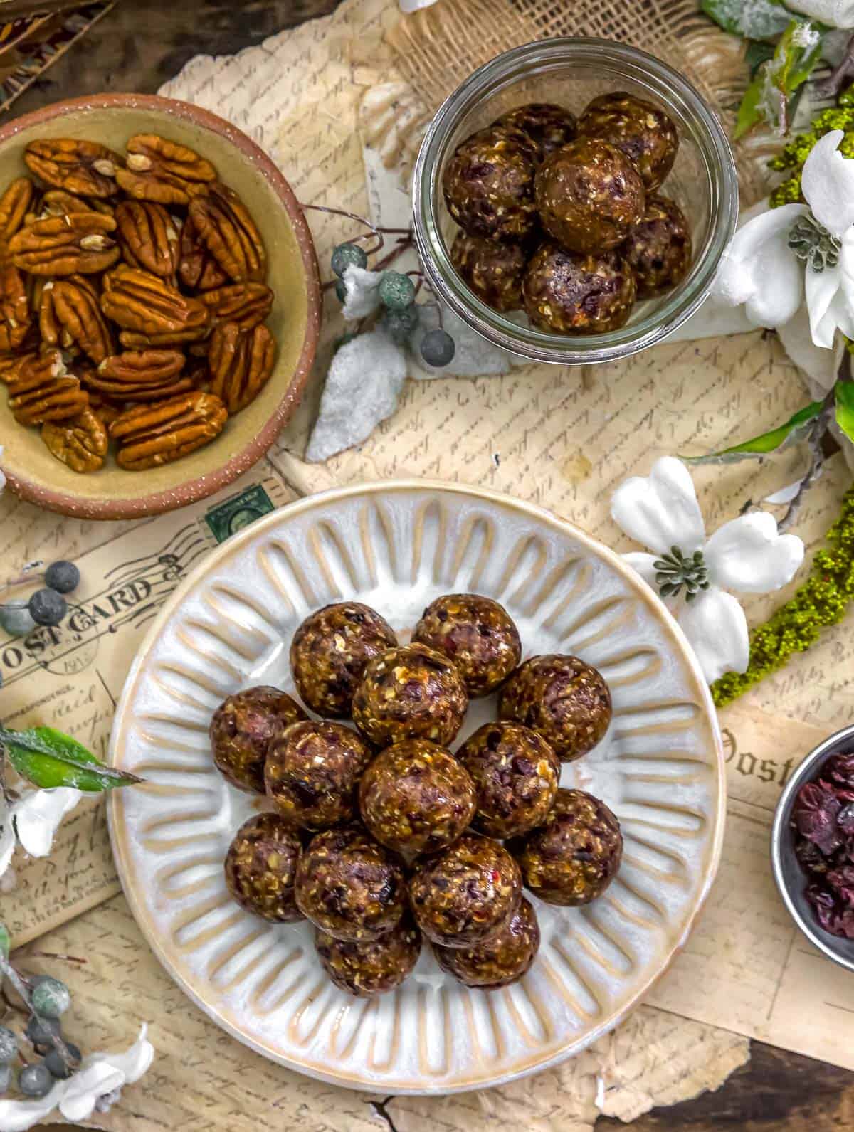 Plate and jar of Cranberry Pecan Bliss Balls