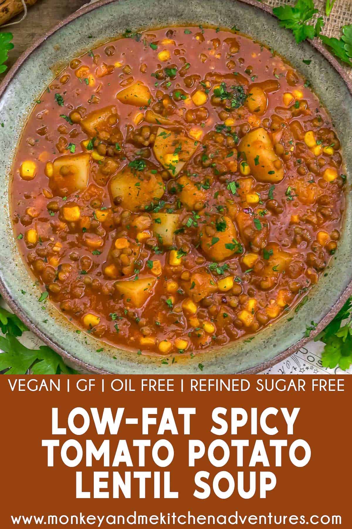 Low-Fat Spicy Tomato Potato Lentil Soup with text description