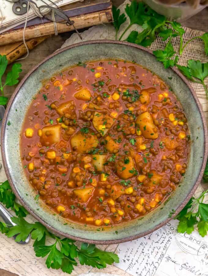 Bowl of Low-Fat Spicy Tomato Potato Lentil Soup