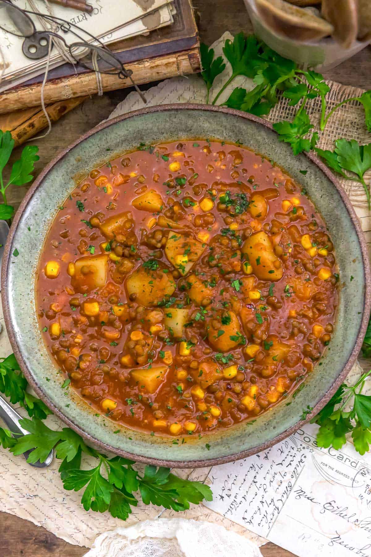 Bowl of Low-Fat Spicy Tomato Potato Lentil Soup