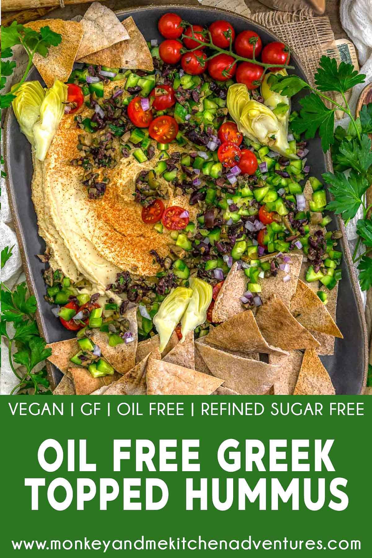 Oil Free Greek Topped Hummus with text description
