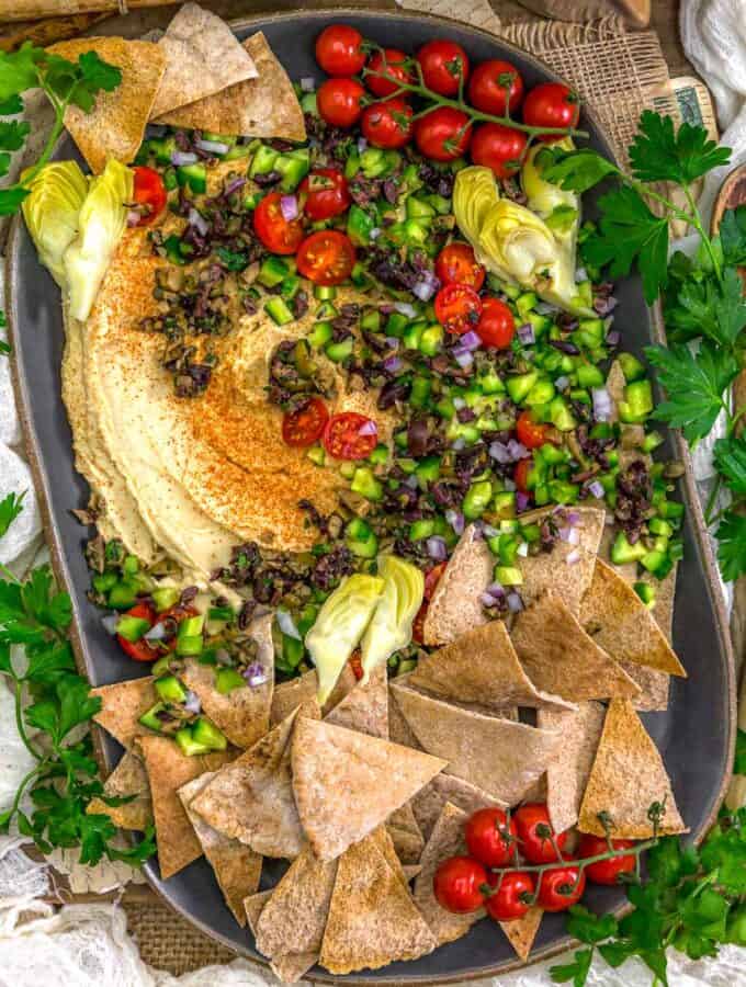 Platter of Oil Free Greek Topped Hummus