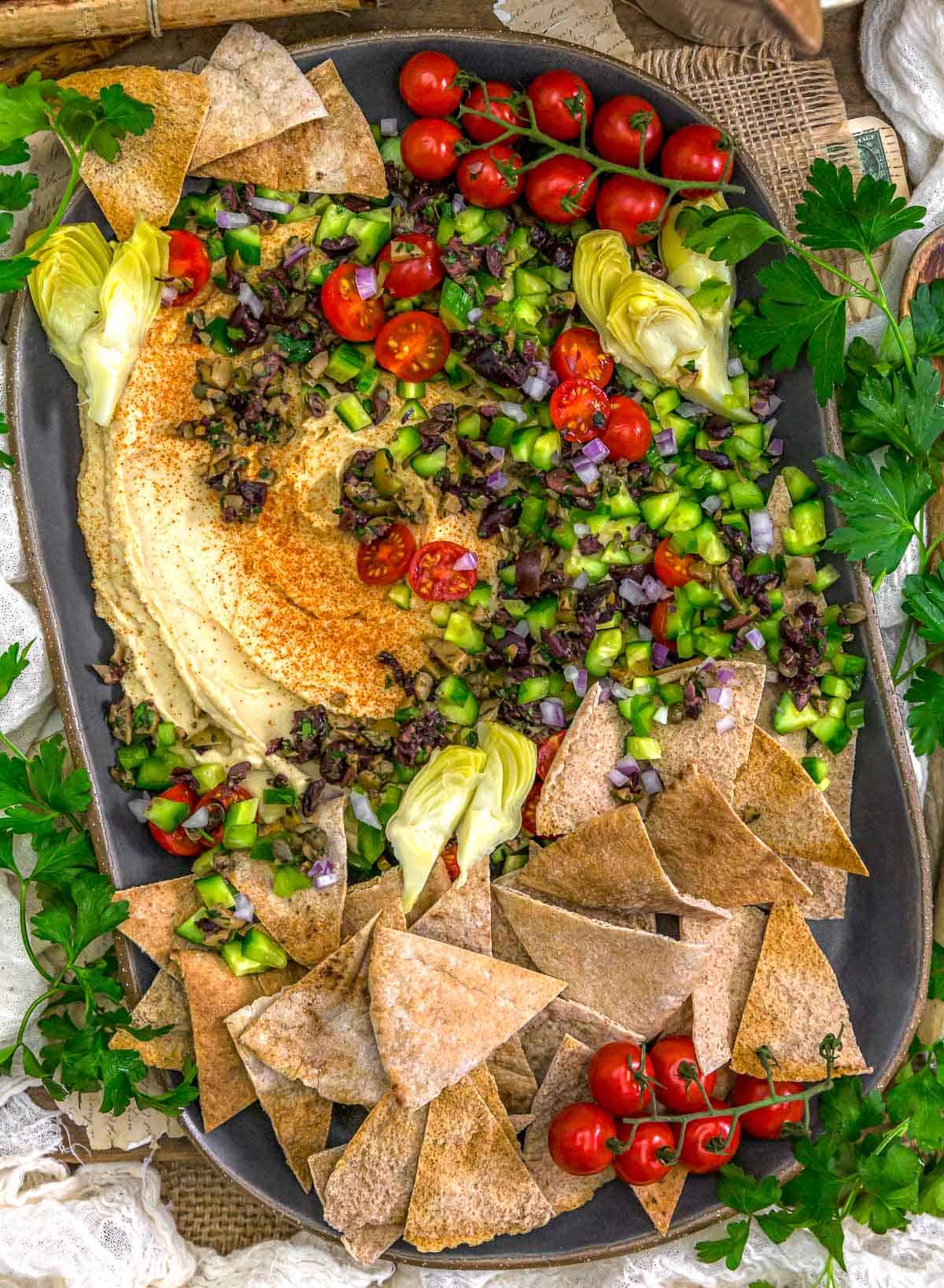 Platter of Oil Free Greek Topped Hummus