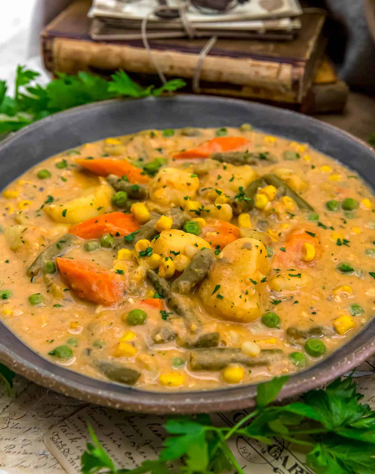 Close up of Vegan Creamy Veggie Stew