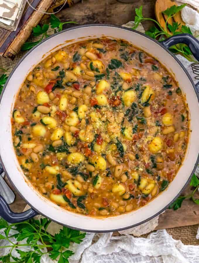 Top view of Vegan Gnocchi White Bean Spinach Skillet