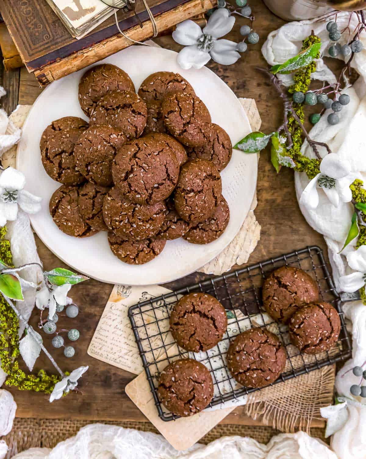 Plate and rack of Healthy Chocolate Coconut Cookies