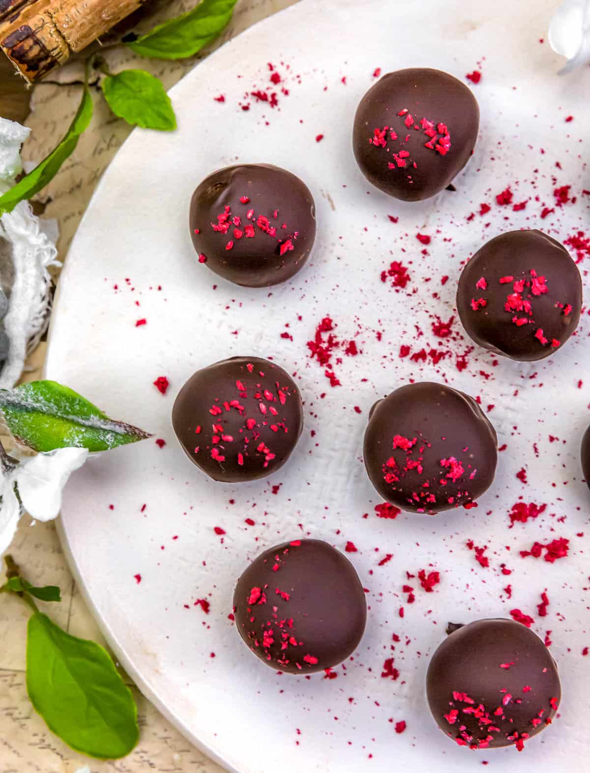 Plate of Healthy Chocolate Covered Strawberry Truffles