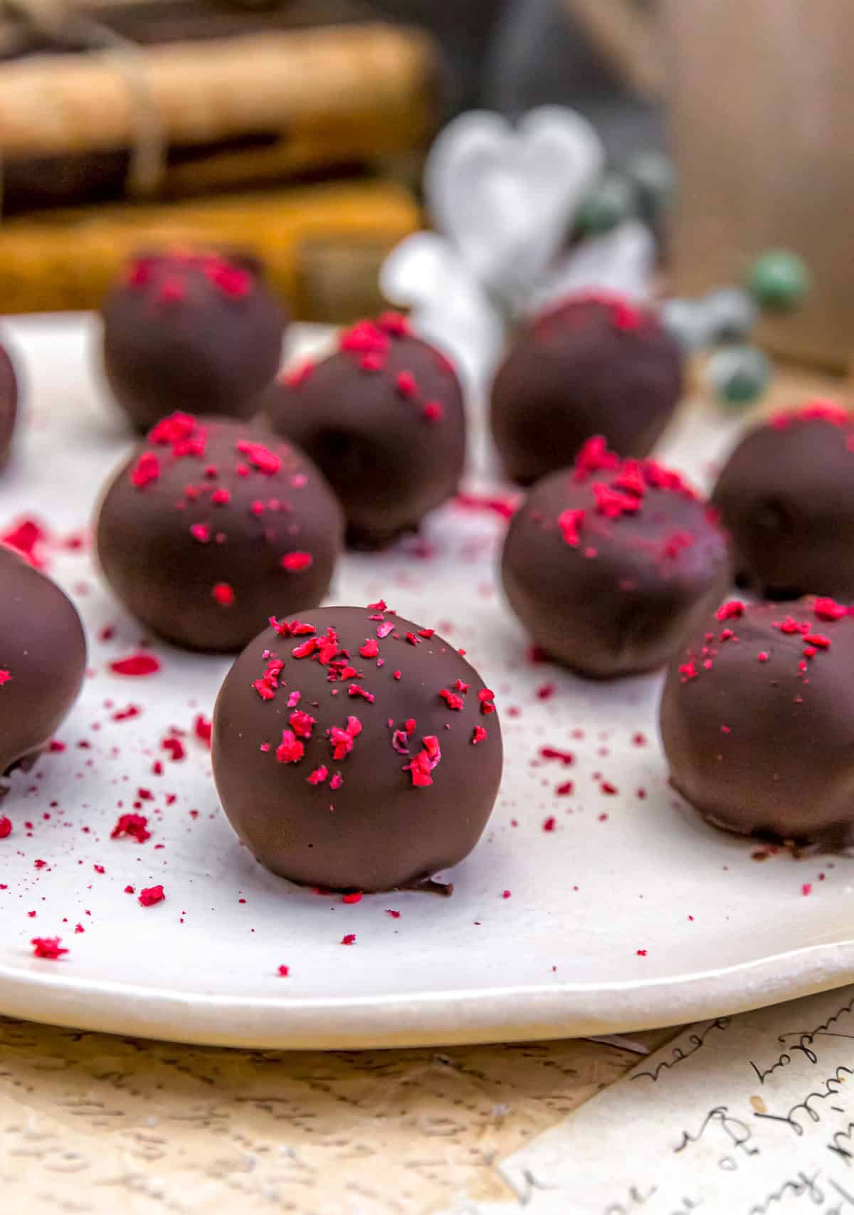 Close up of Healthy Chocolate Covered Strawberry Truffles