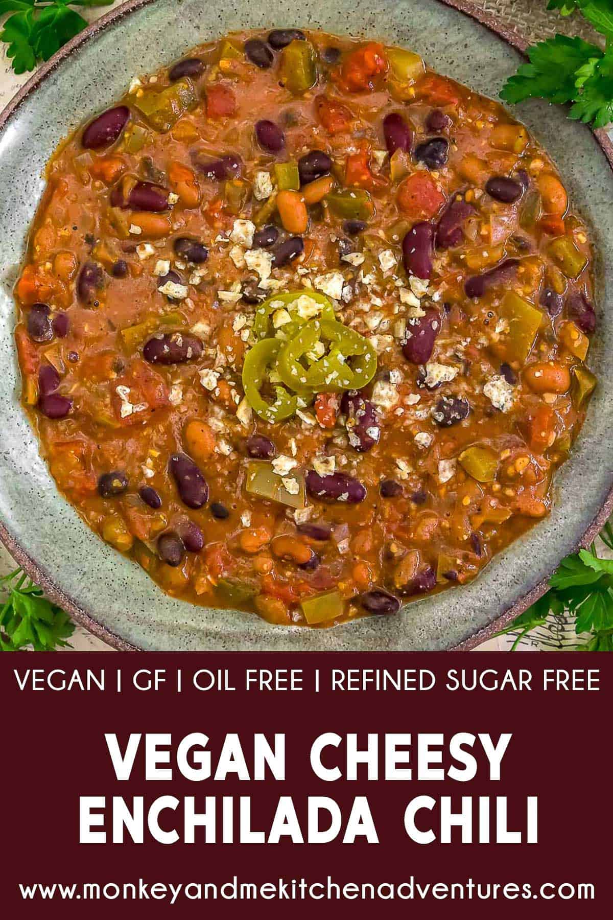 Vegan Cheesy Enchilada Chili with text description