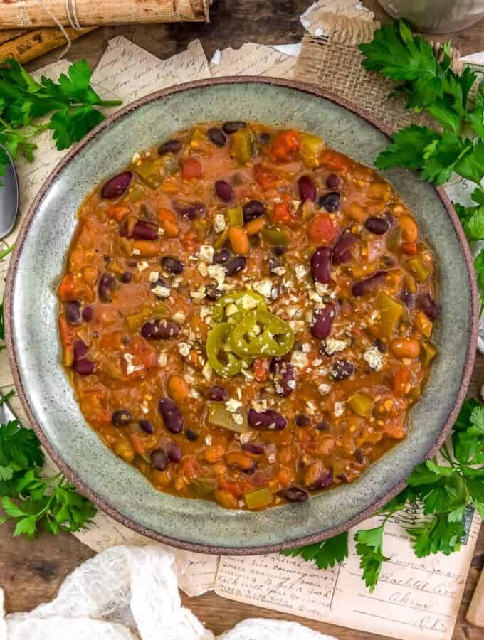 Bowl of Vegan Cheesy Enchilada Chili