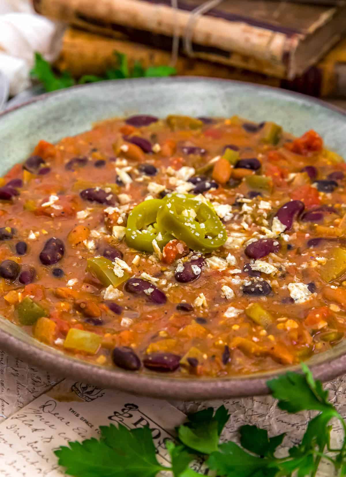 Close up of Vegan Cheesy Enchilada Chili