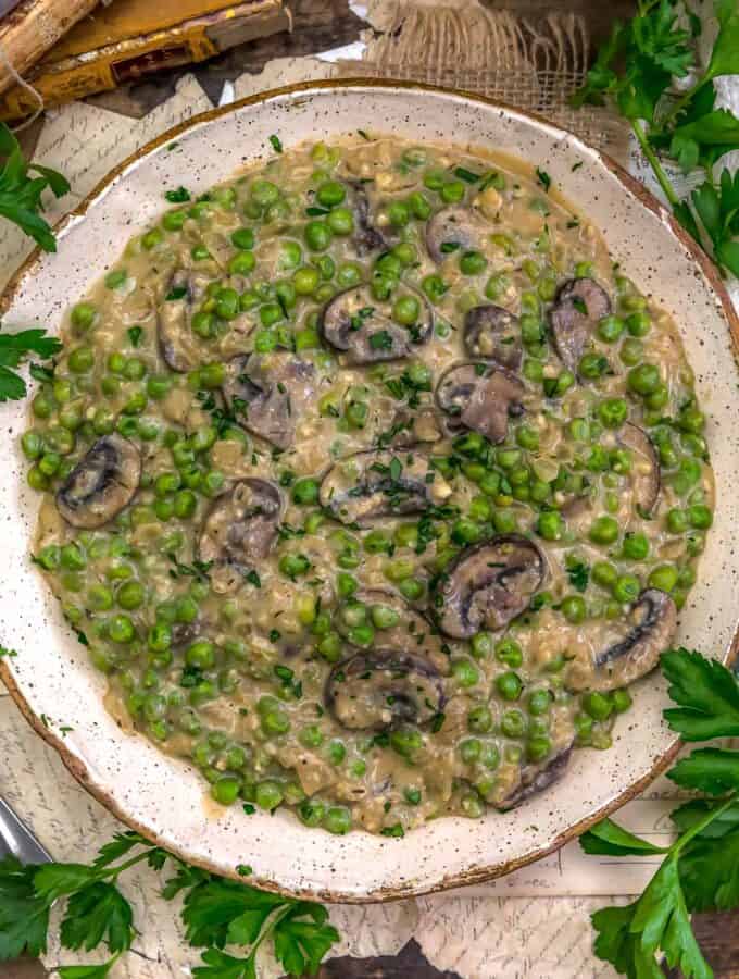 Bowl of Vegan Creamed Peas with Mushrooms