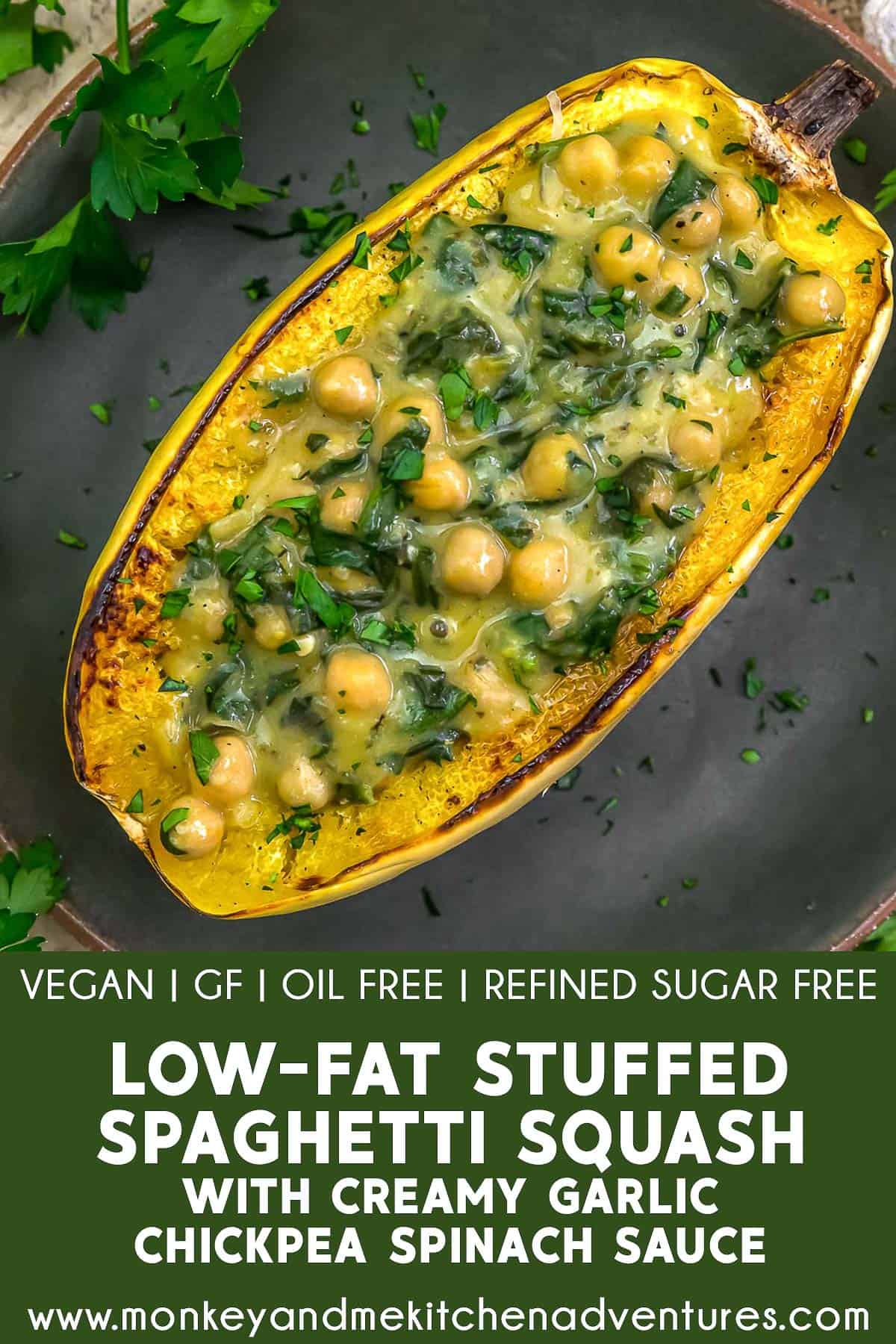 Low-Fat Stuffed Spaghetti Squash with Creamy Garlic Chickpea Spinach Sauce