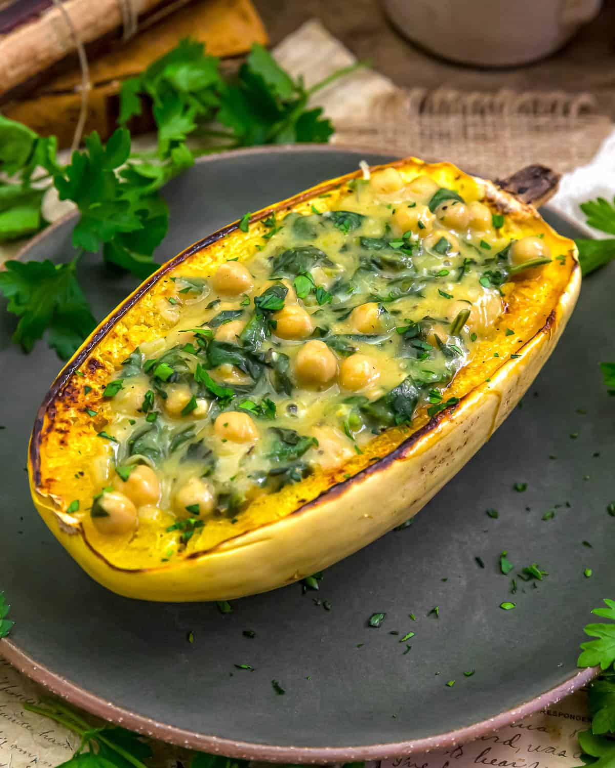 Close up of Low-Fat Stuffed Spaghetti Squash with Creamy Garlic Chickpea Spinach Sauce