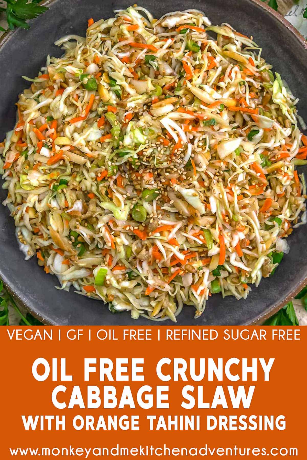 Oil-Free Crunchy Cabbage Slaw with Orange-Tahini Dressing with text description