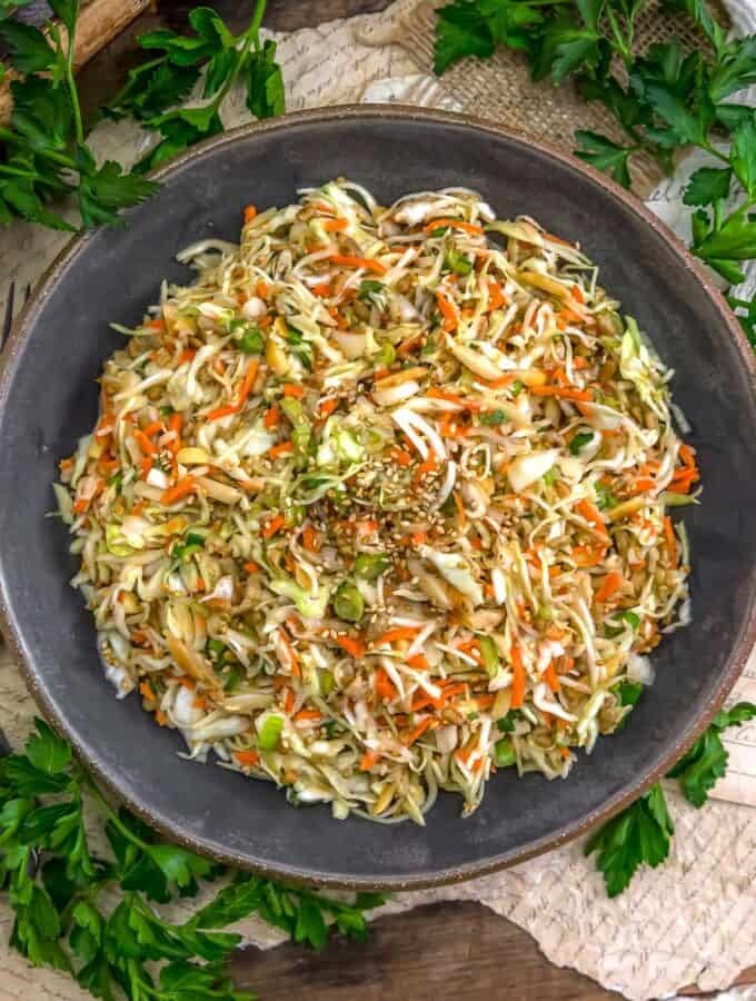 Bowl of Oil-Free Crunchy Cabbage Slaw with Orange-Tahini Dressing