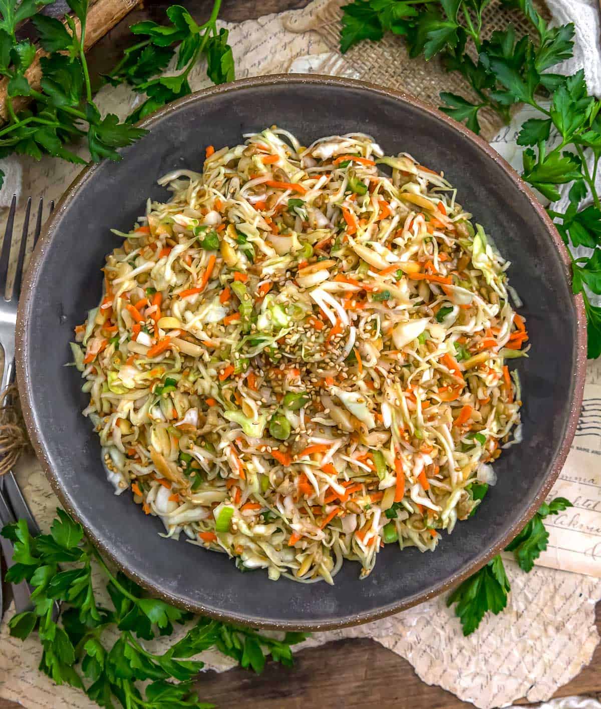 Bowl of Oil-Free Crunchy Cabbage Slaw with Orange-Tahini Dressing
