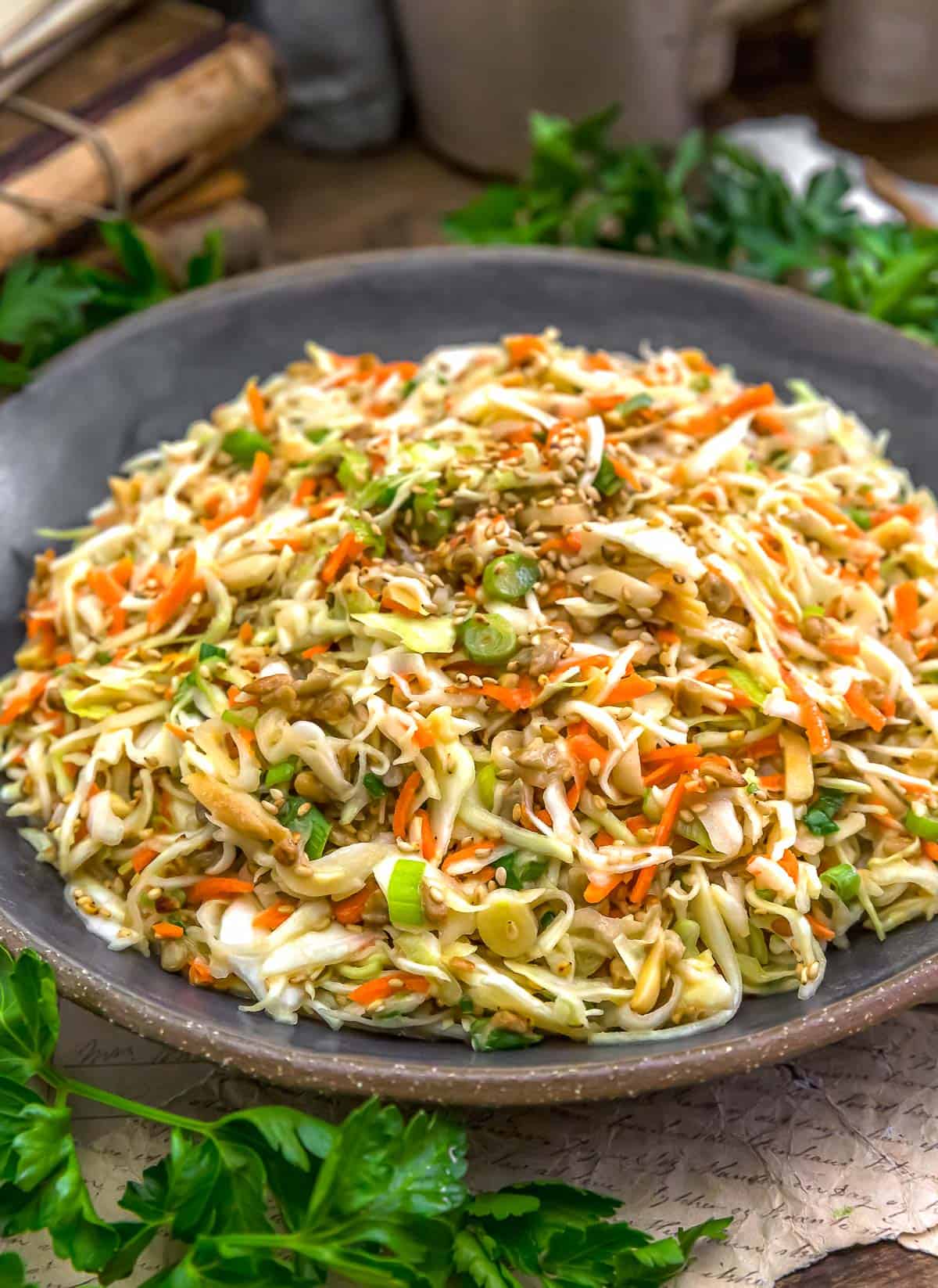 Close up of Oil-Free Crunchy Cabbage Slaw with Orange-Tahini Dressing